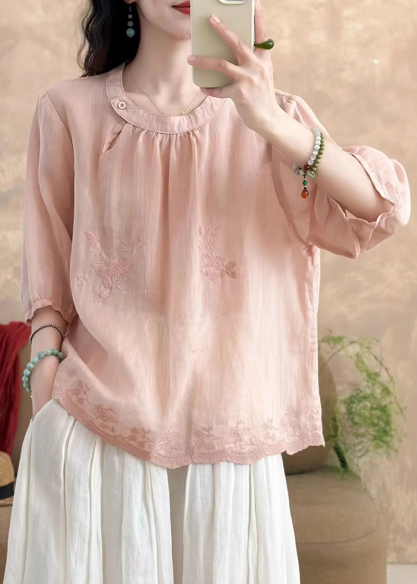 New White O-Neck Embroidered Linen T Shirt Tops Summer - Image 2