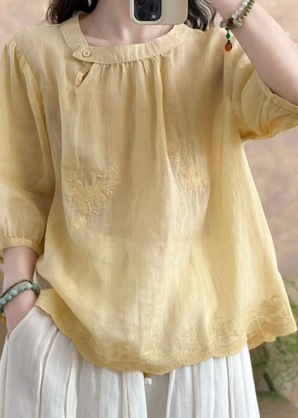 New White O-Neck Embroidered Linen T Shirt Tops Summer - Image 3