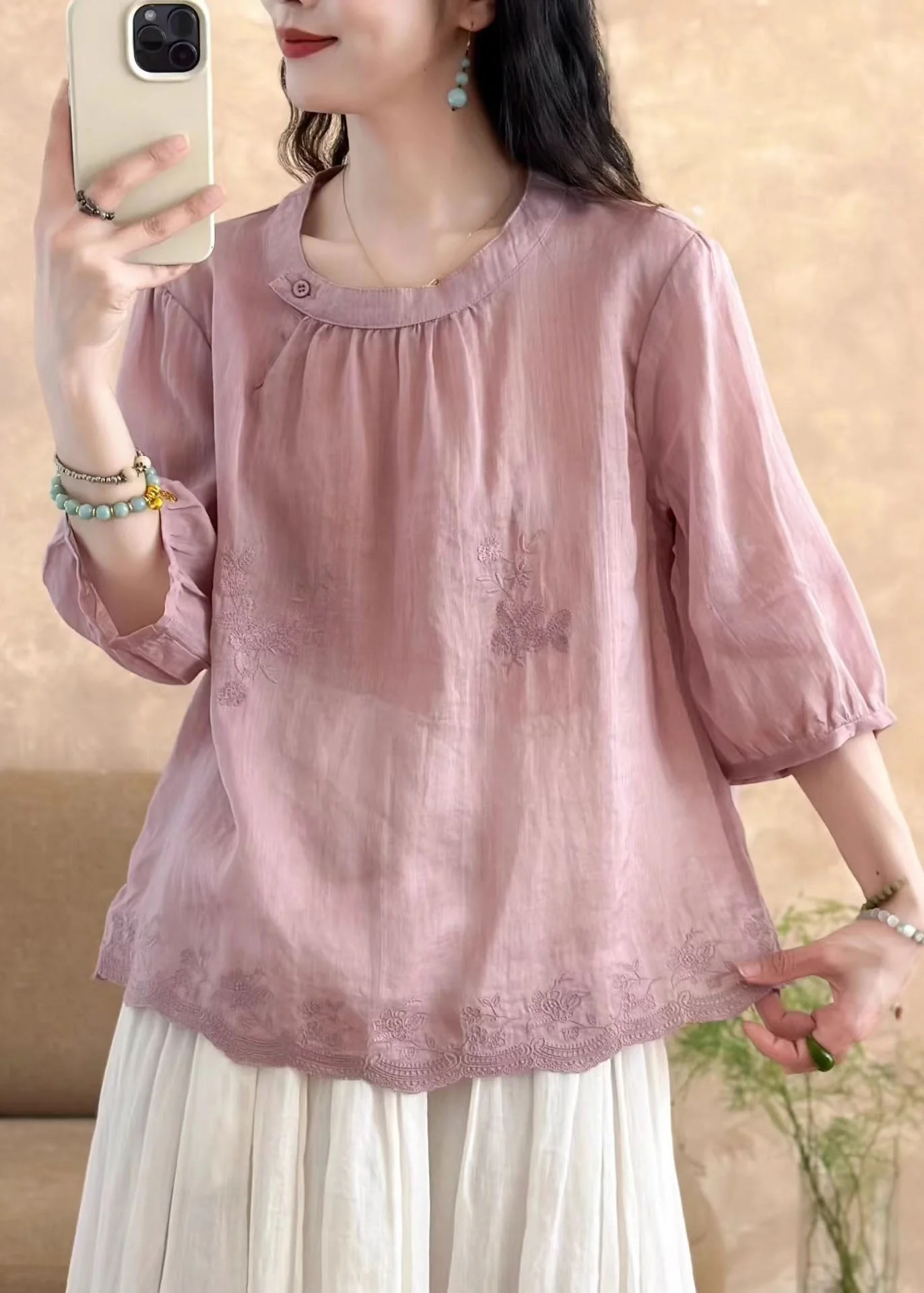 New White O-Neck Embroidered Linen T Shirt Tops Summer - Image 4