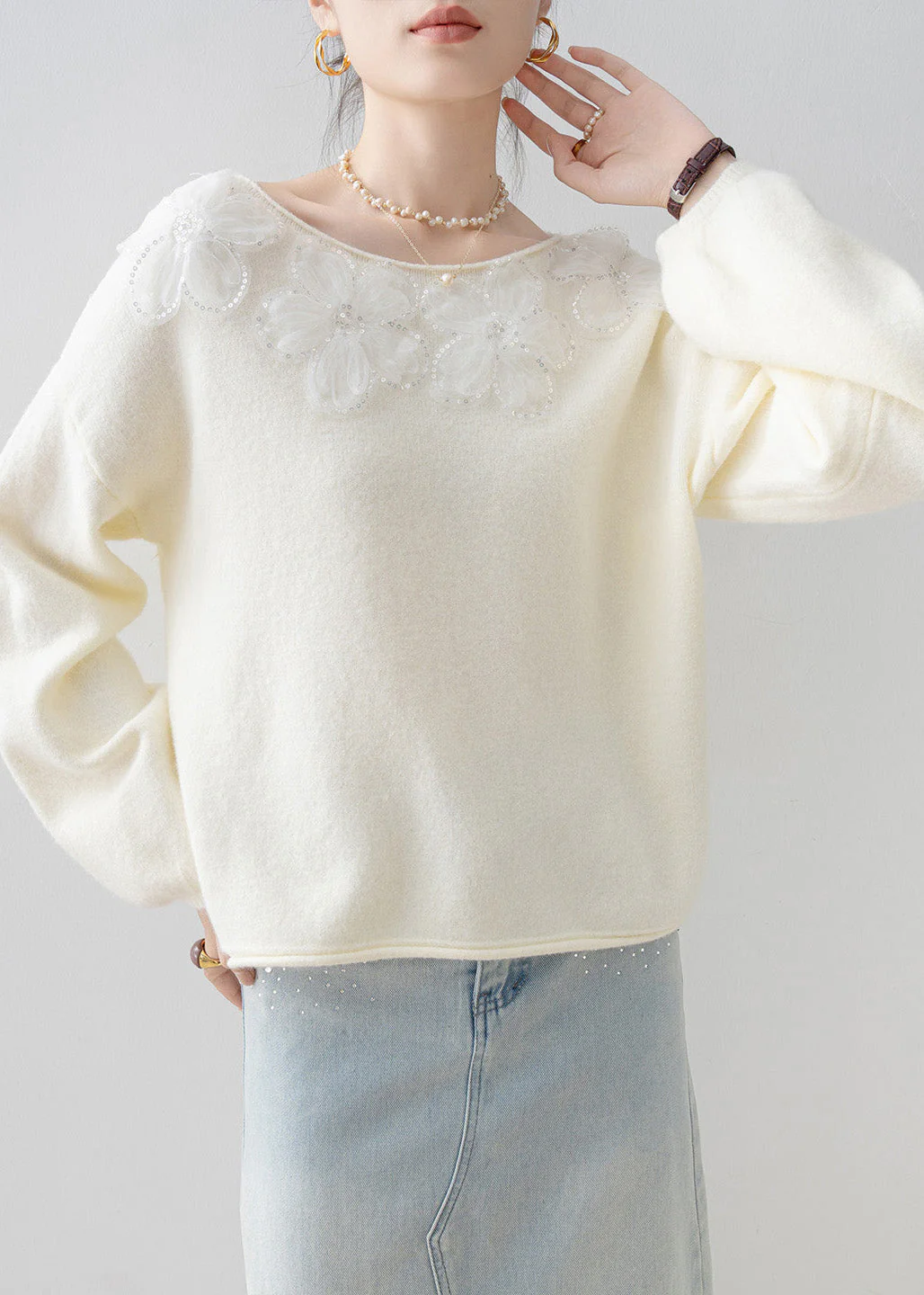 New White O Neck Floral Sequins Knitted Tops Spring - Image 5
