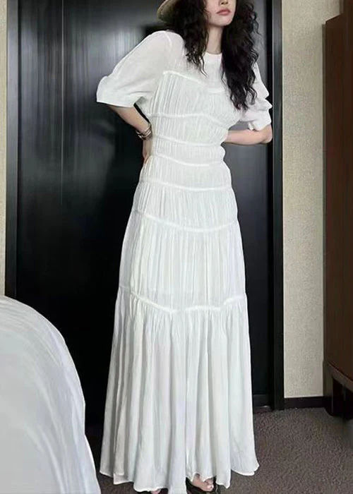 New White O Neck Wrinkled Cotton Long Dresses Summer - Image 2