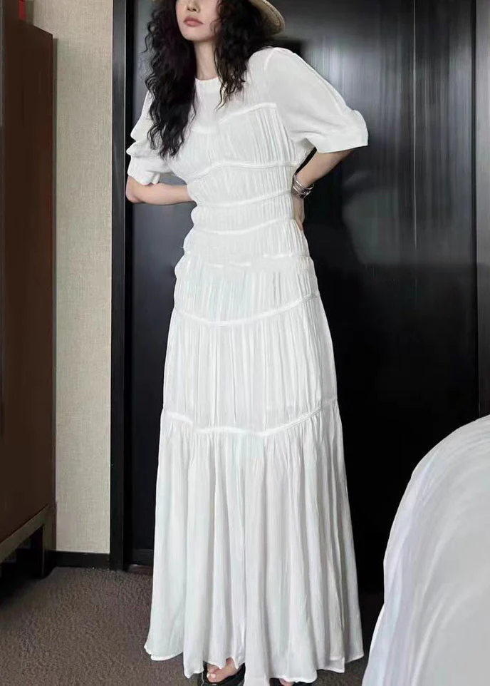New White O Neck Wrinkled Cotton Long Dresses Summer - Image 3