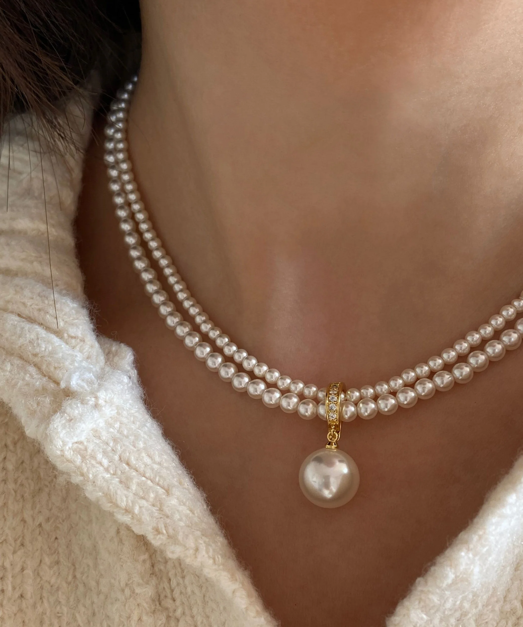 New White Pearl Double Layered Adjustable 14K Gold Choker - Image 2