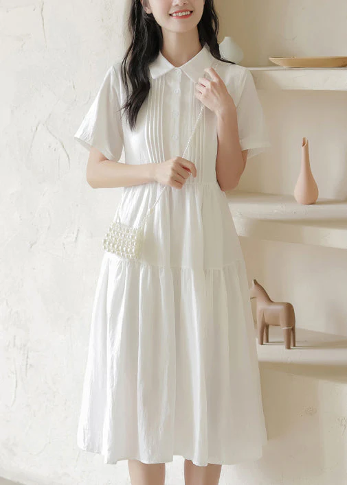 New White Peter Pan Collar Button Cotton Shirt Dresses Summer - Image 2