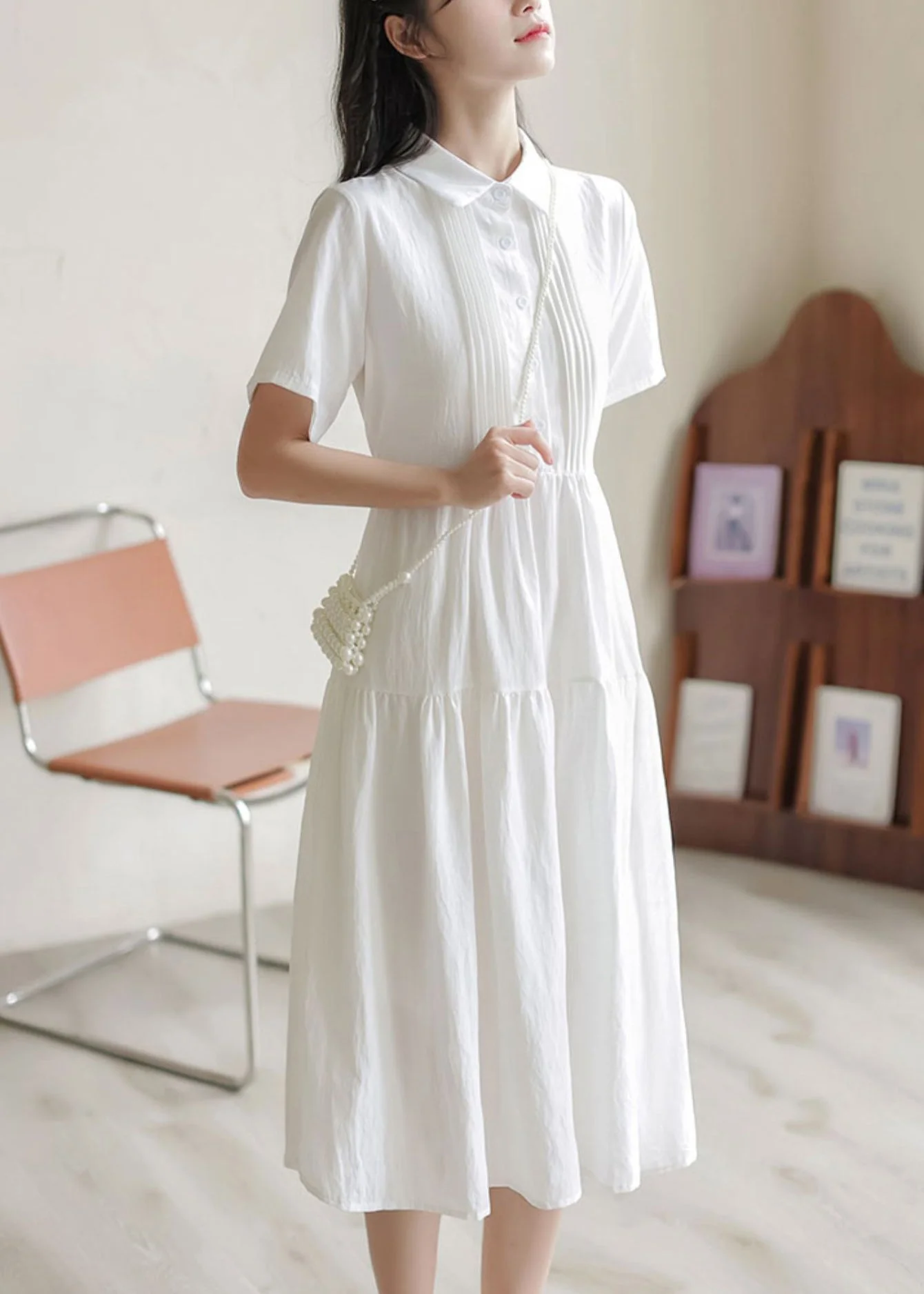 New White Peter Pan Collar Button Cotton Shirt Dresses Summer - Image 3
