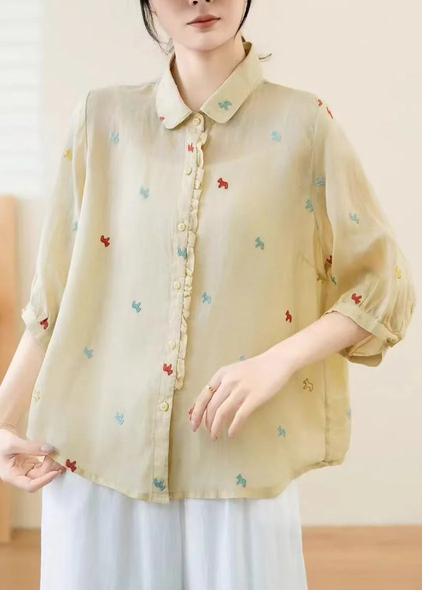 New White Peter Pan Collar Embroidered Linen Shirt Tops Summer - Image 3