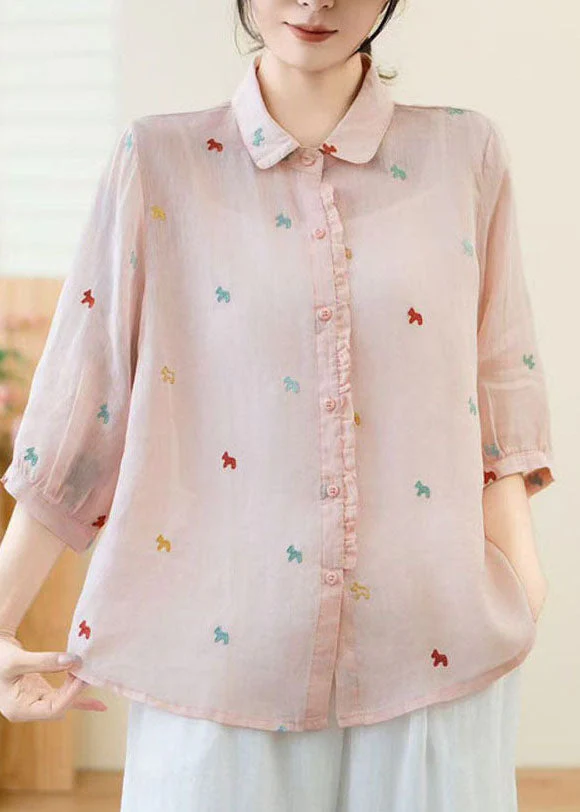 New White Peter Pan Collar Embroidered Linen Shirt Tops Summer - Image 4