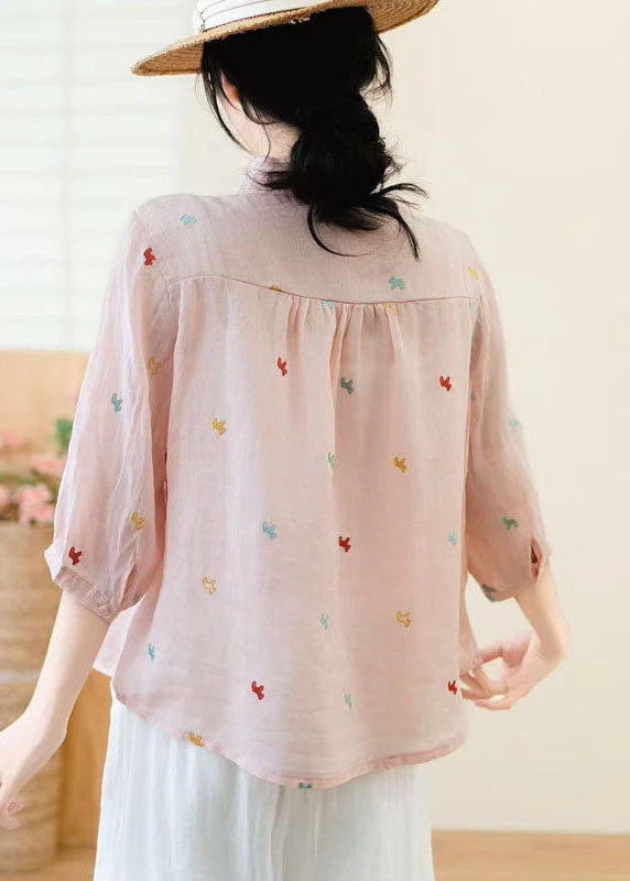 New White Peter Pan Collar Embroidered Linen Shirt Tops Summer - Image 5