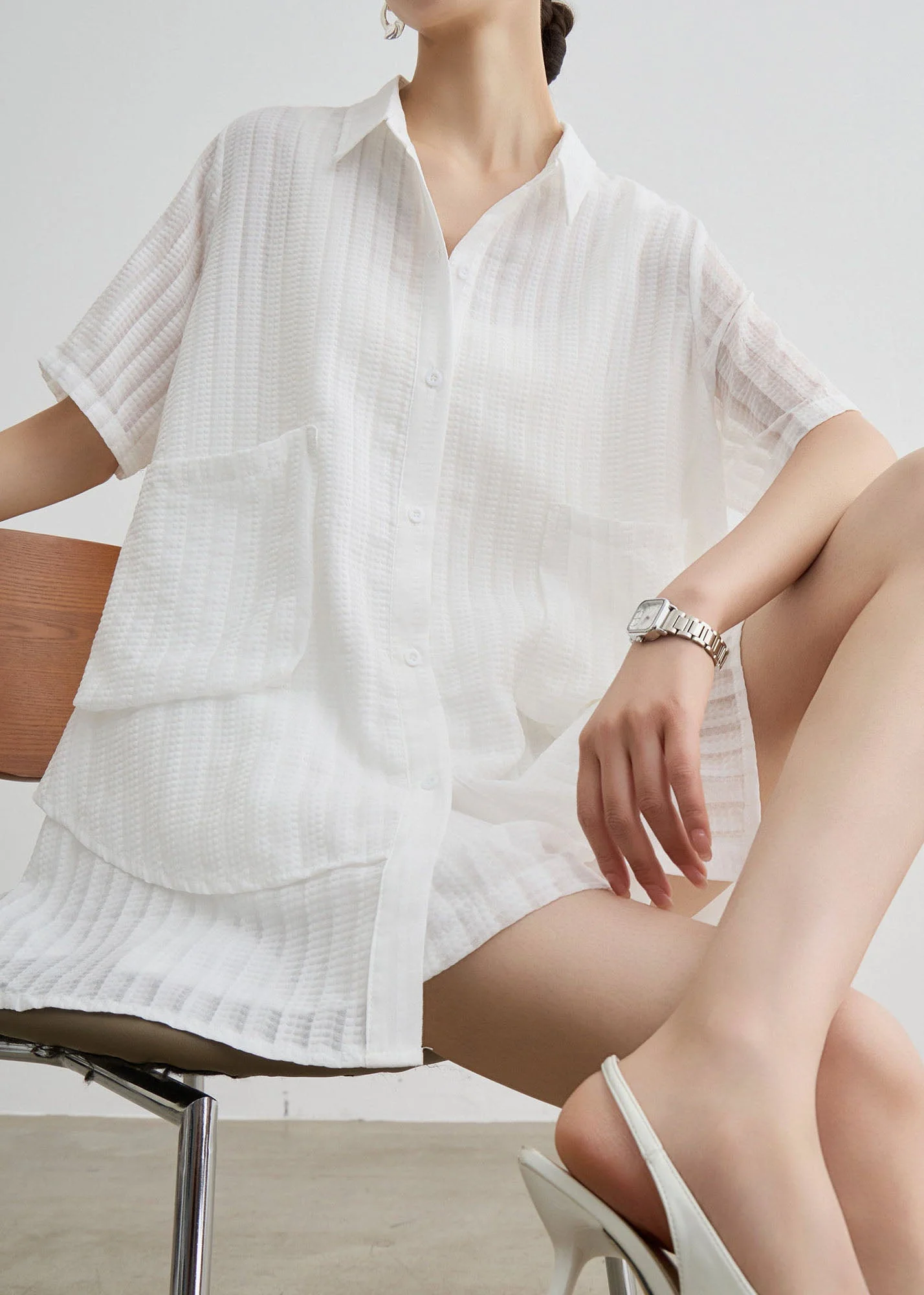 New White Peter Pan Collar Striped Cotton Two Piece Suit Set Summer - Image 2