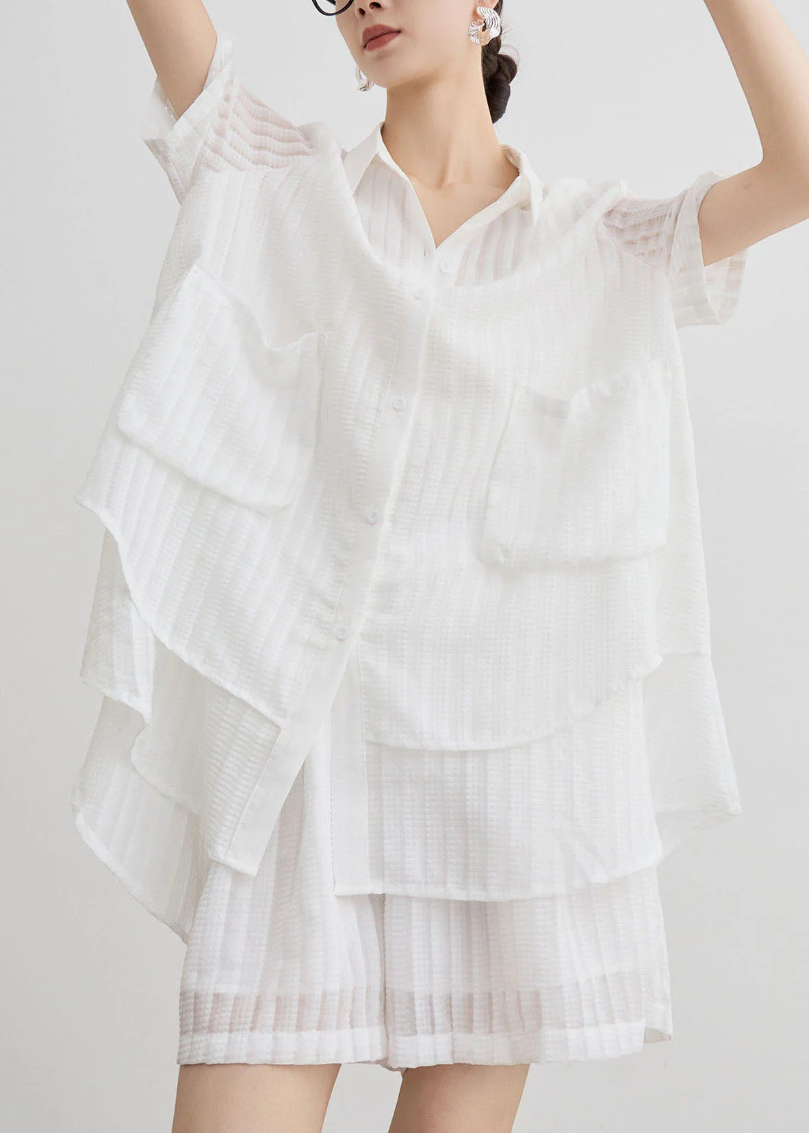 New White Peter Pan Collar Striped Cotton Two Piece Suit Set Summer - Image 3