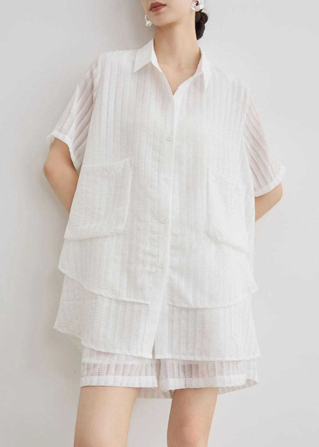New White Peter Pan Collar Striped Cotton Two Piece Suit Set Summer - Image 4