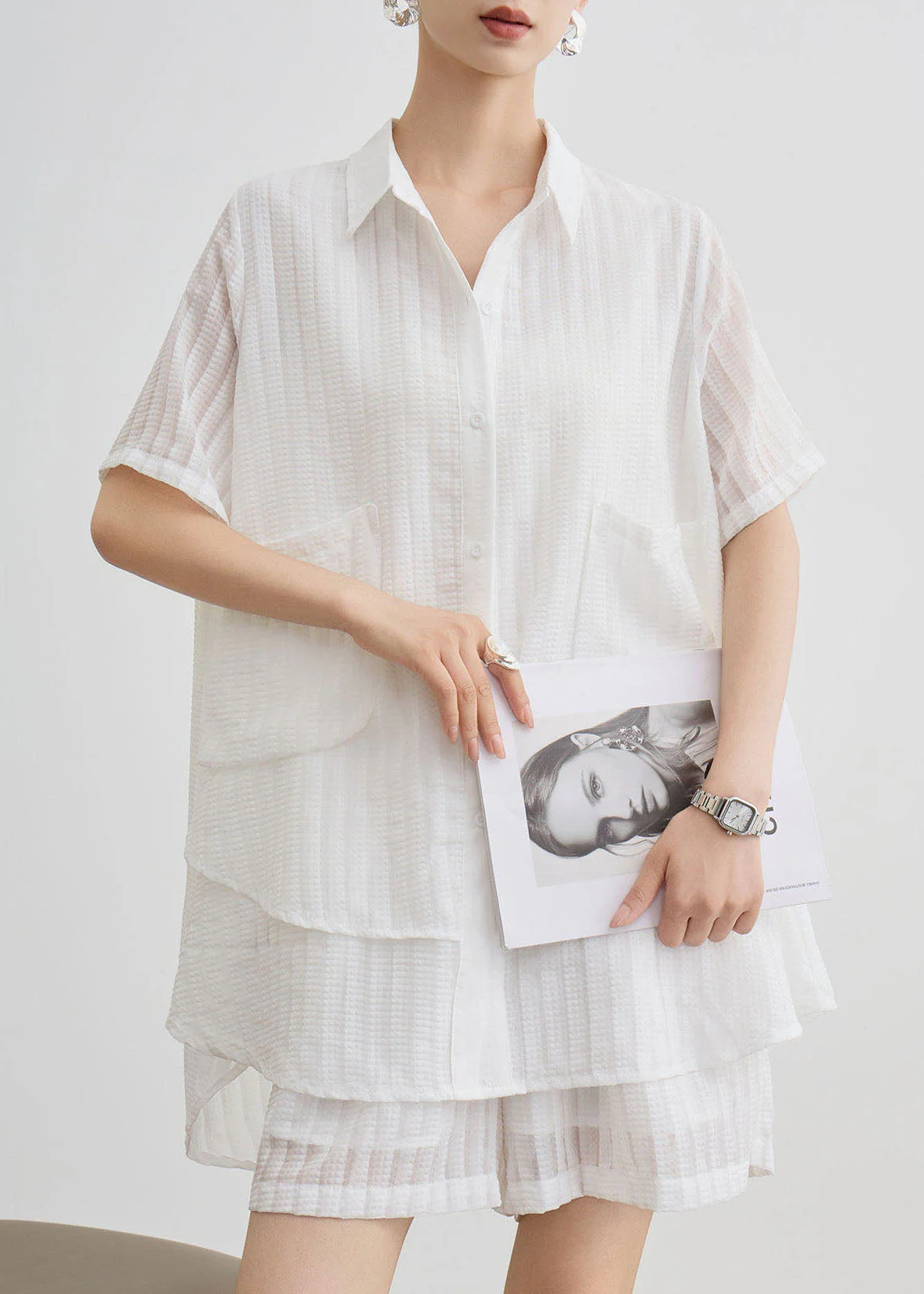 New White Peter Pan Collar Striped Cotton Two Piece Suit Set Summer - Image 5