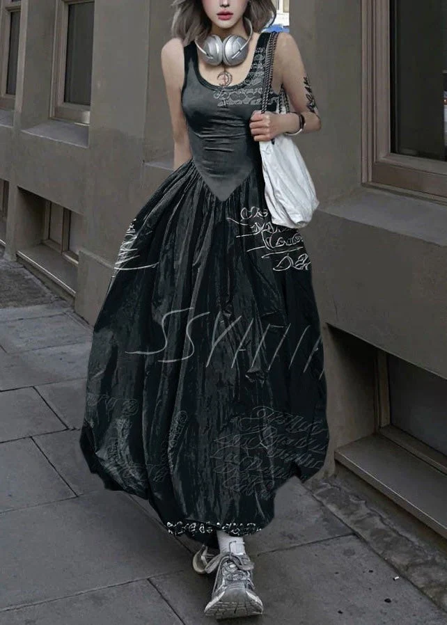 New Black text Backless Patchwork Cotton Long Dresses Sleeveless