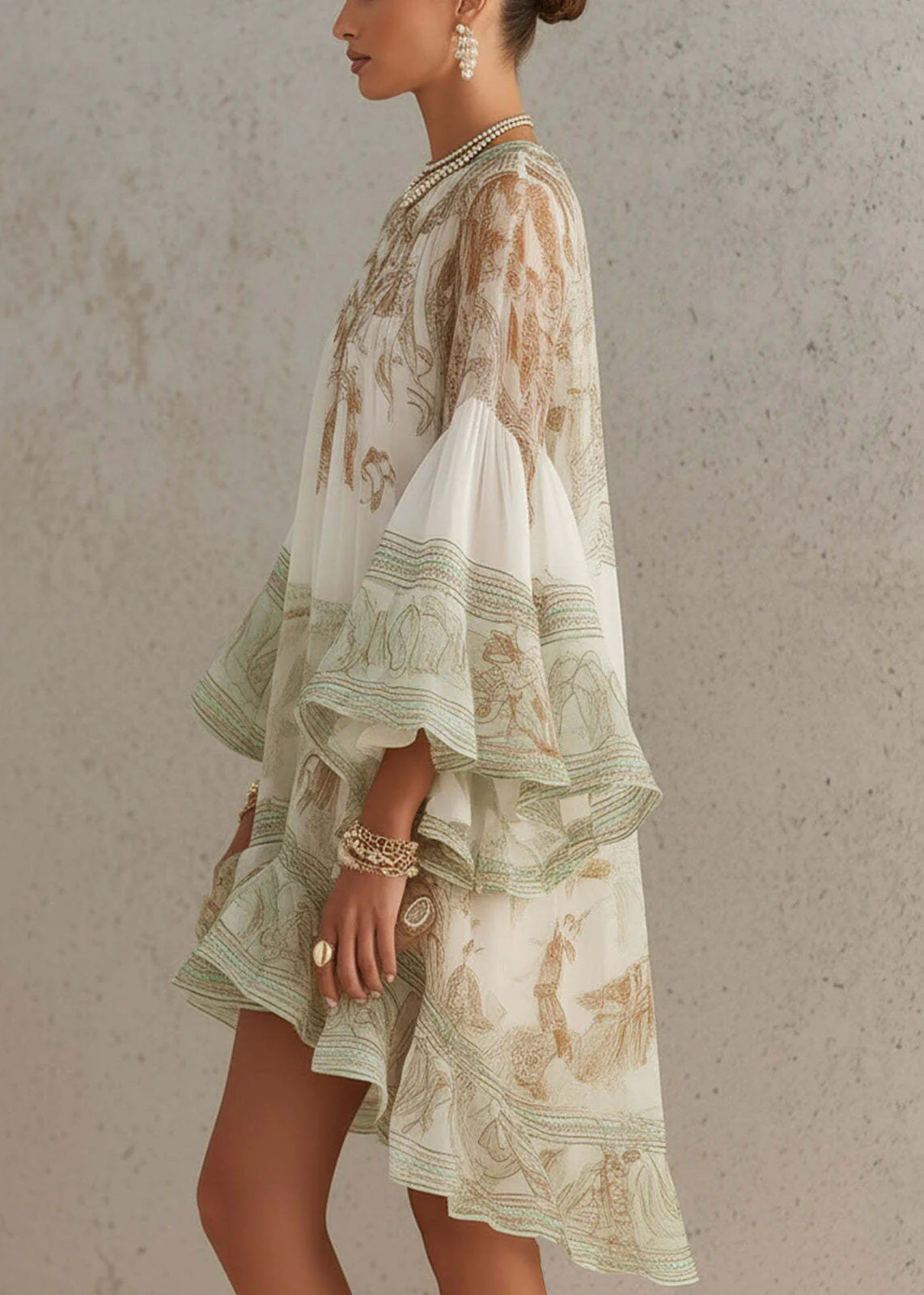 New White Print Ruffled Patchwork Chiffon Mid Dress Summer - Image 3