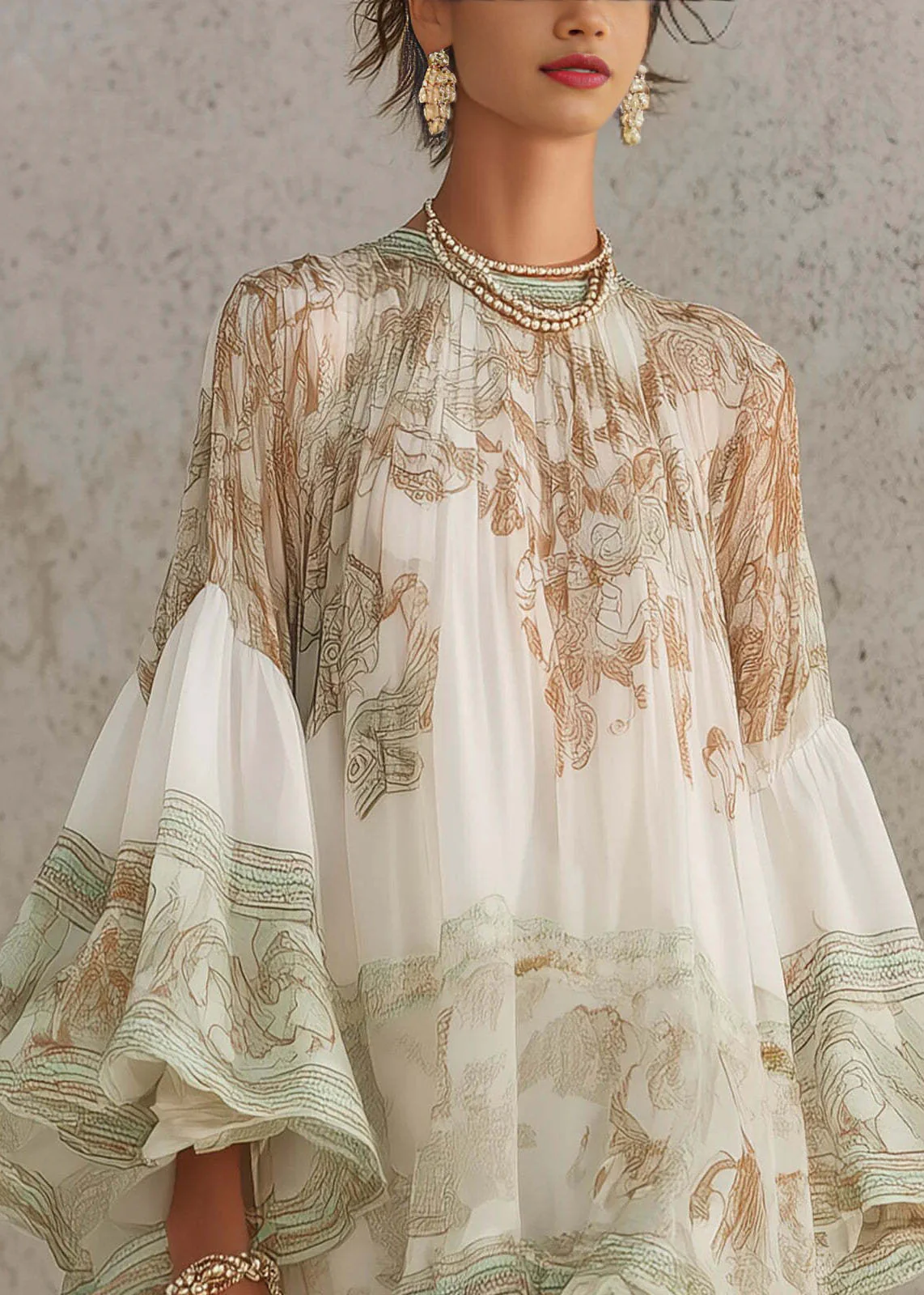 New White Print Ruffled Patchwork Chiffon Mid Dress Summer - Image 4