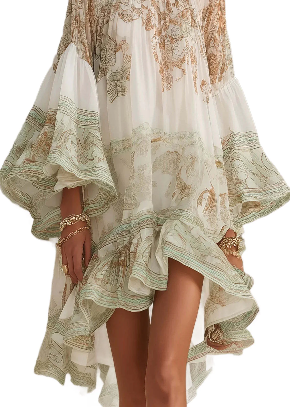 New White Print Ruffled Patchwork Chiffon Mid Dress Summer - Image 5