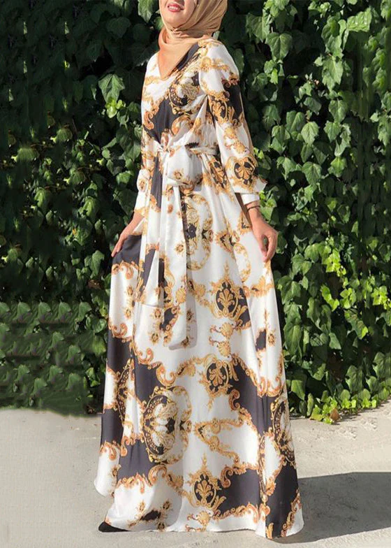 New White Print Tie Waist Cotton Maxi Dresses Spring - Image 3