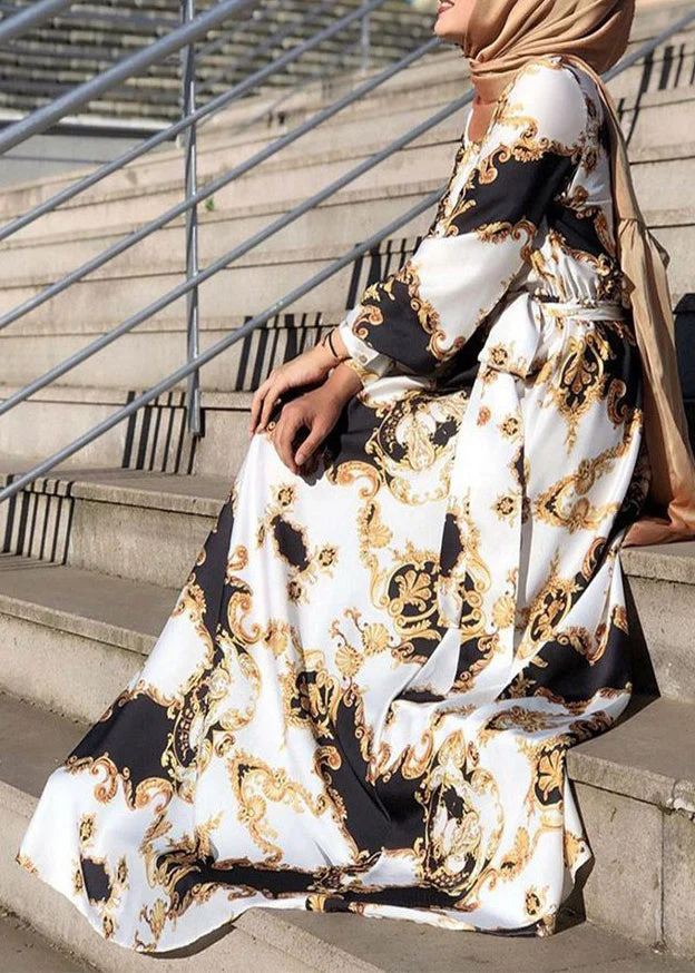 New White Print Tie Waist Cotton Maxi Dresses Spring - Image 5