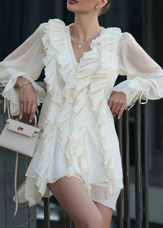 New White Ruffled Lace Up Chiffon Mini Dresses Fall - Image 2