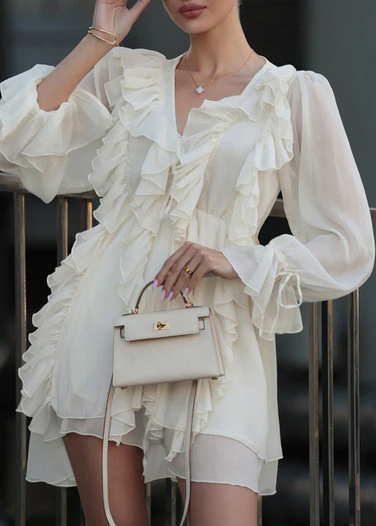 New White Ruffled Lace Up Chiffon Mini Dresses Fall - Image 3
