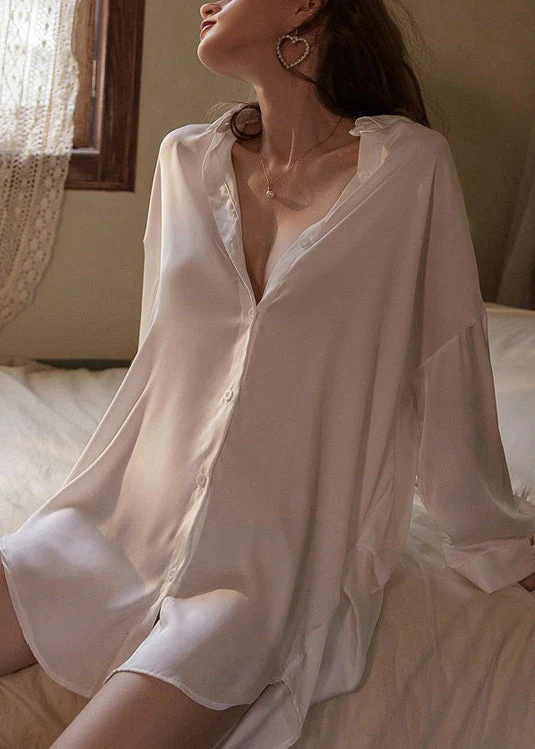 New White Side Open Low High Design Ice Silk Pajamas Shirts Dresses Spring - Image 3