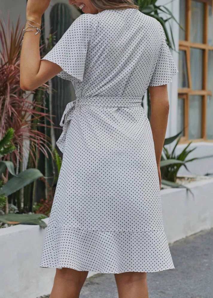 New White V Neck Dot Tie Waist Cotton Dress Summer - Image 3