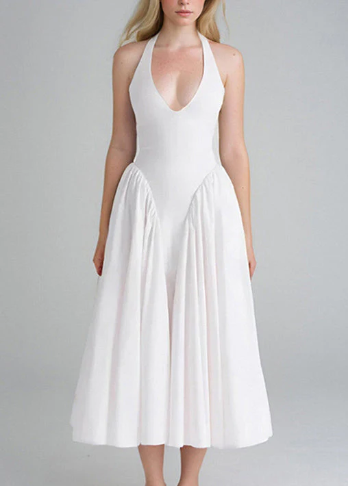 New White V Neck Pockets Solid Cotton Dress Sleeveless - Image 2