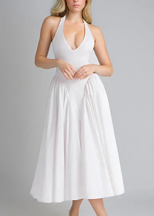 New White V Neck Pockets Solid Cotton Dress Sleeveless - Image 3