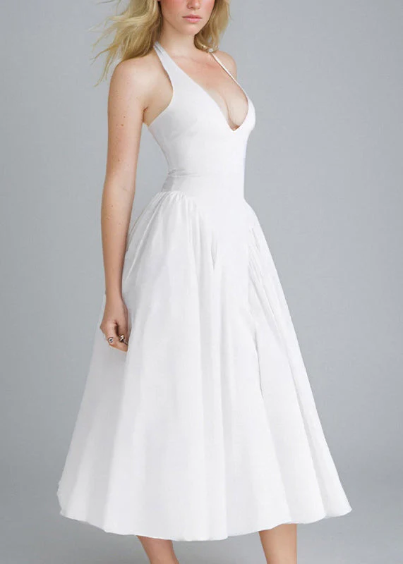 New White V Neck Pockets Solid Cotton Dress Sleeveless - Image 4