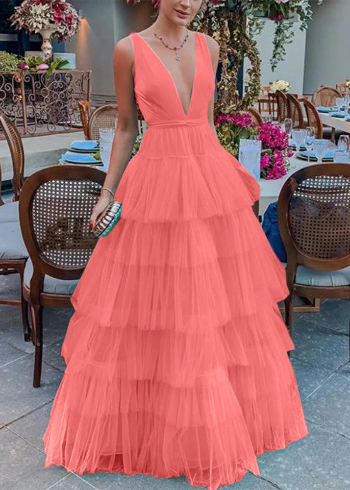 New White V Neck Solid Tulle Maxi Dresses Sleeveless - Image 3