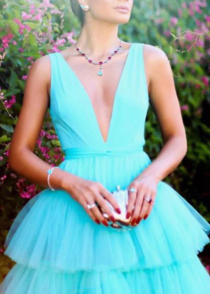 New White V Neck Solid Tulle Maxi Dresses Sleeveless - Image 5