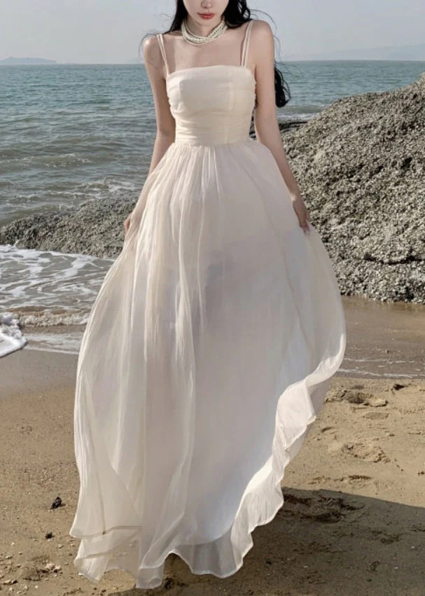 New White Wrinkled High Waist Patchwork Cotton Spaghetti Strap Dress Sleeveless - Image 2