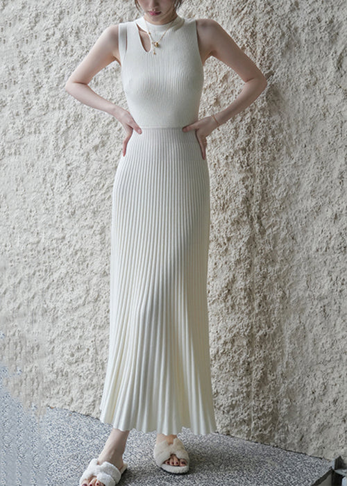 New White Wrinkled Hollow Out Knit Long Dress Sleeveless - Image 3