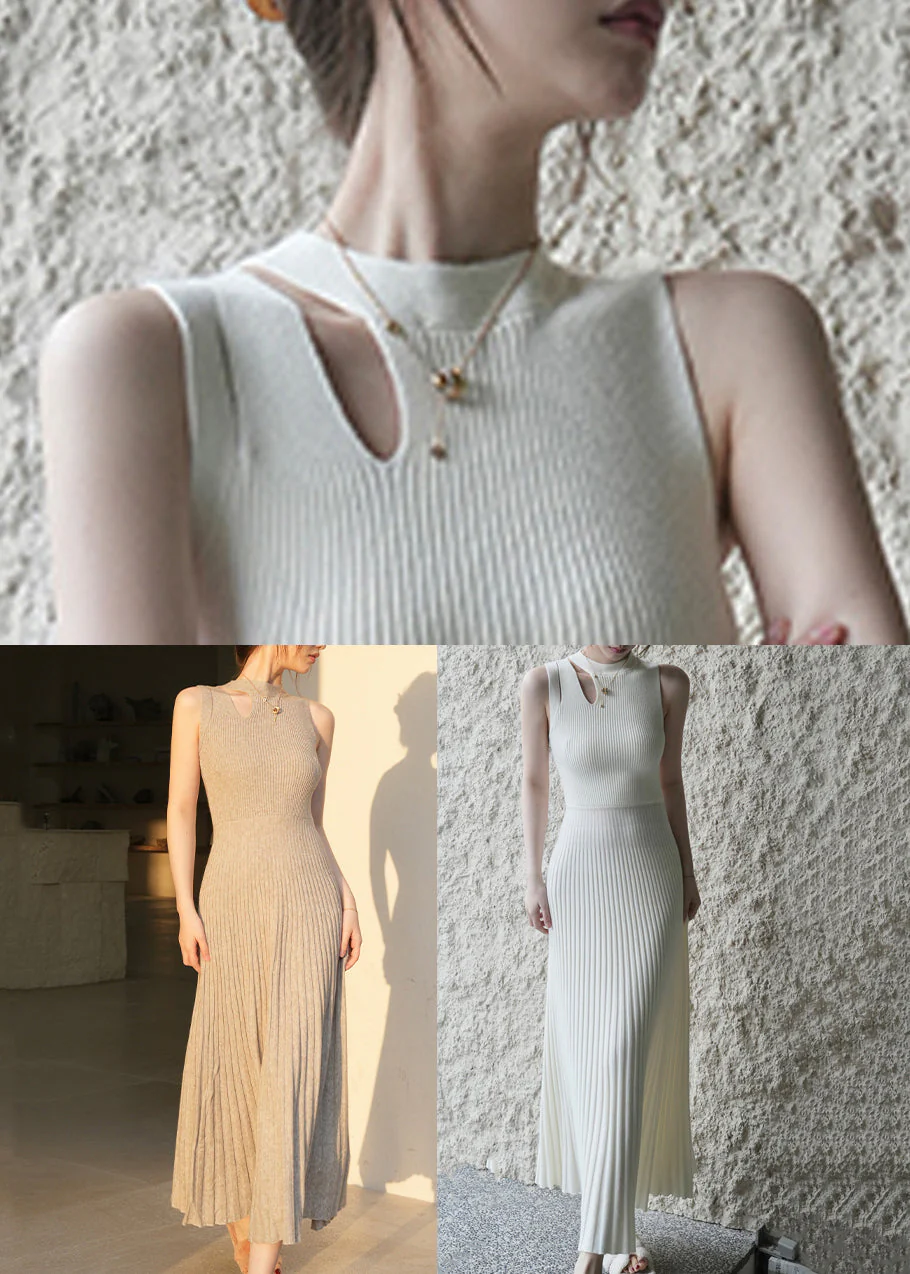 New White Wrinkled Hollow Out Knit Long Dress Sleeveless - Image 5