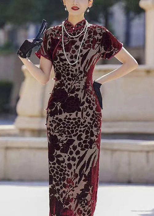 New Wine Red Button Side Open Silk Velour Long Dress Summer - Image 2