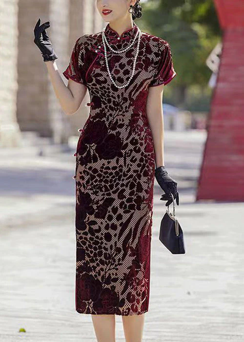 New Wine Red Button Side Open Silk Velour Long Dress Summer - Image 3