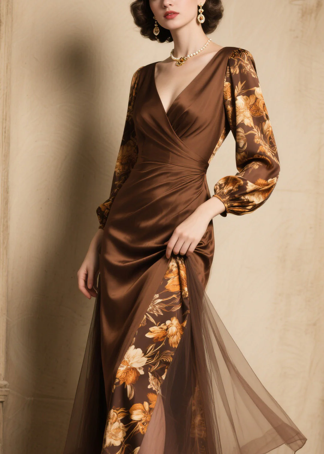 New Women V Neck Print Tulle Patchwork Silk Dress Spring - Image 2