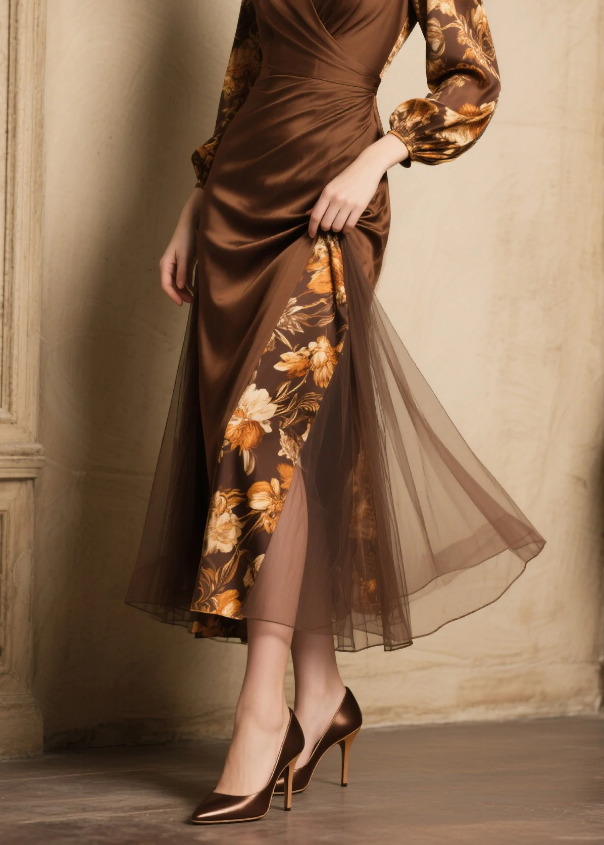 New Women V Neck Print Tulle Patchwork Silk Dress Spring - Image 4