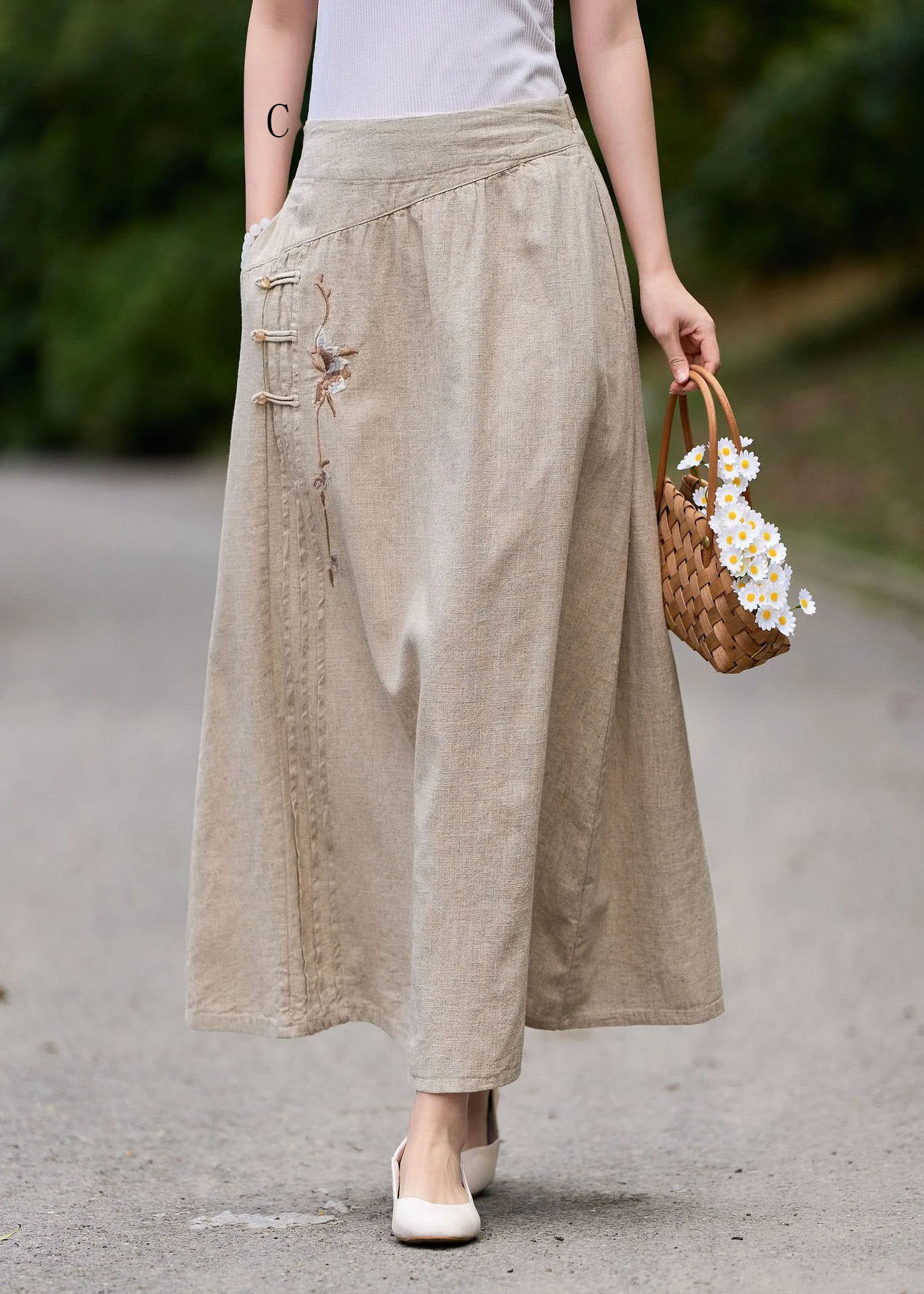 New Wrinkled Embroidered Patchwork Linen Skirt Summer - Image 5