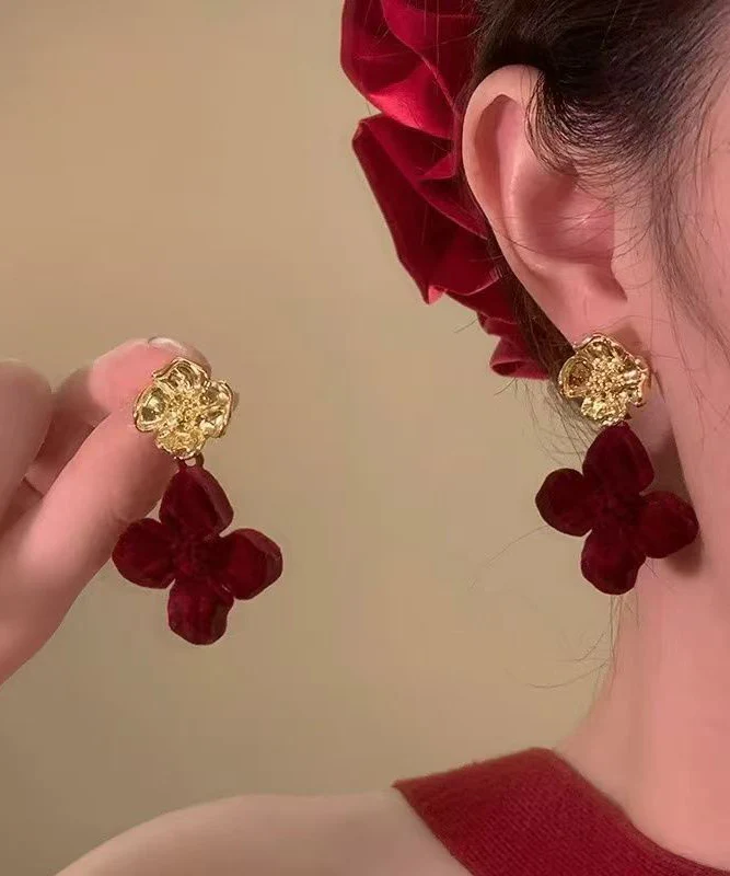 New Year Mulberry Sterling Silver Alloy Velvet Floral Stud Earrings - Image 3