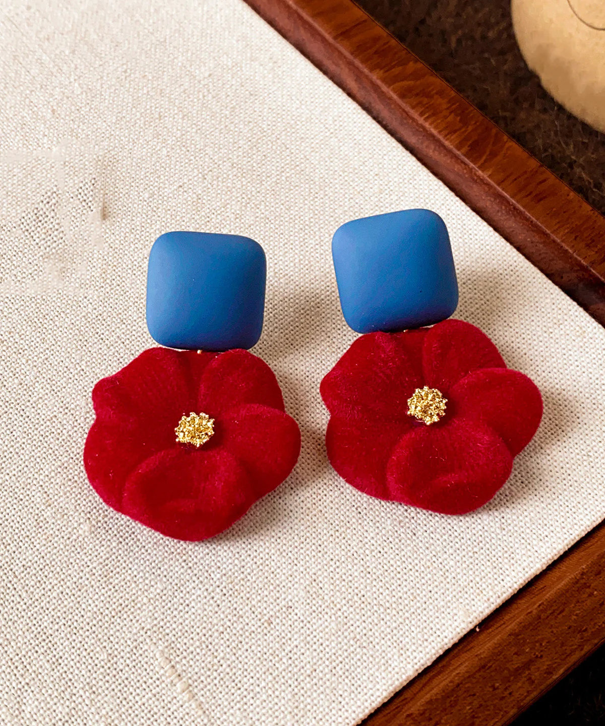 New Year Red Alloy Floral Flocking Stud Earrings - Image 5