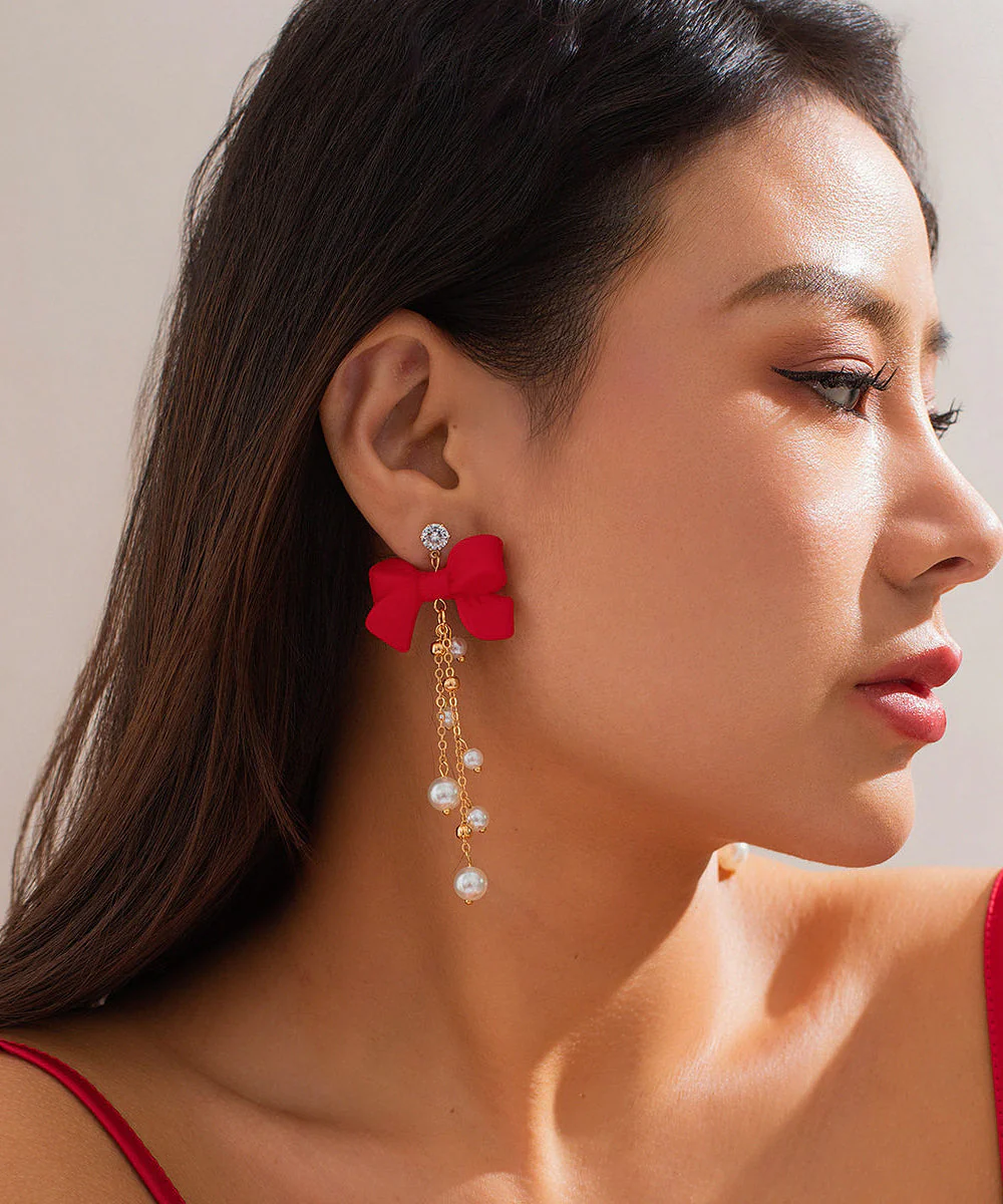 New Year Red Copper Alloy Bow Pearl Tassel Drop Earrings - Image 2