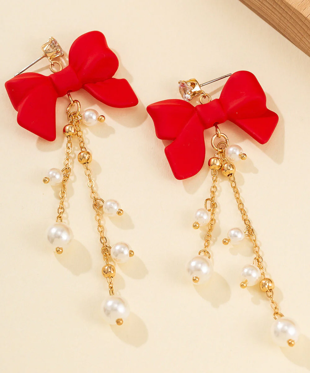 New Year Red Copper Alloy Bow Pearl Tassel Drop Earrings - Image 3