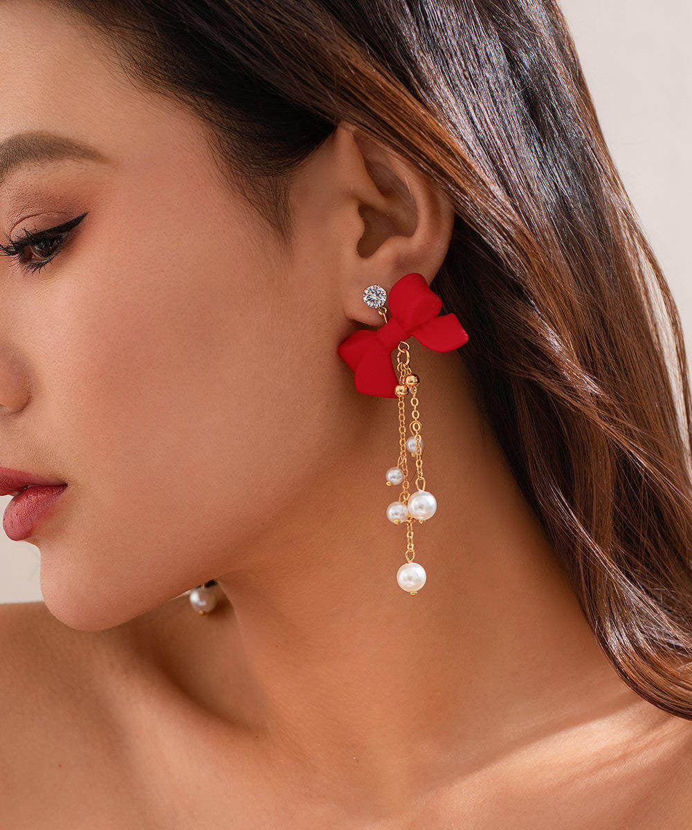 New Year Red Copper Alloy Bow Pearl Tassel Drop Earrings - Image 4