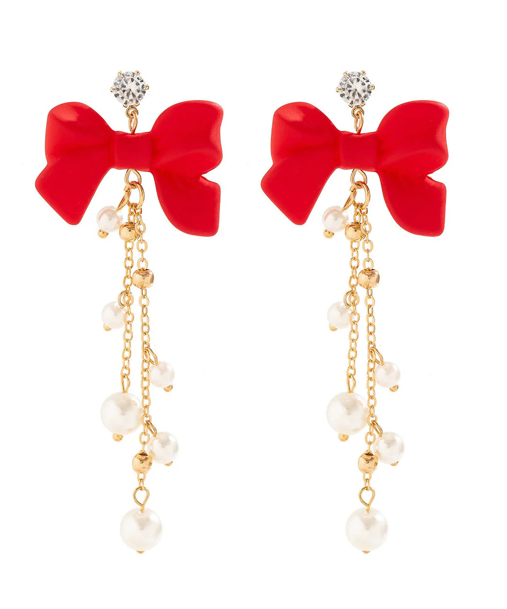 New Year Red Copper Alloy Bow Pearl Tassel Drop Earrings - Image 5