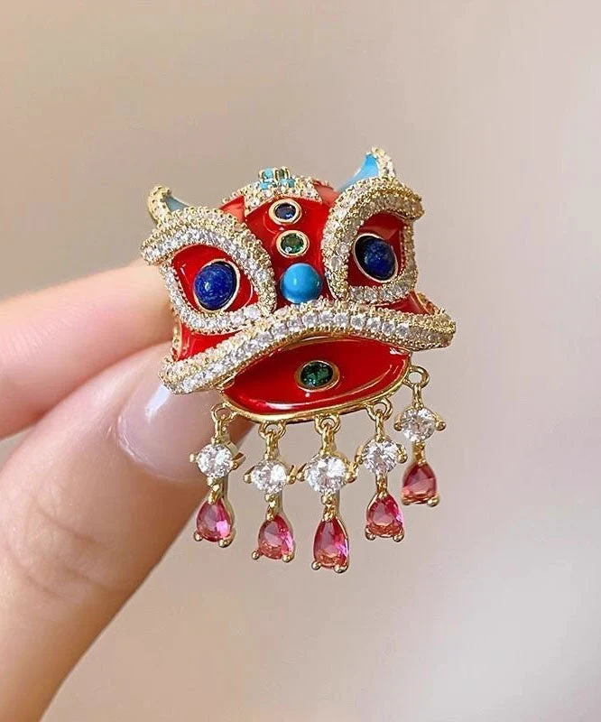 New Year Red Copper Alloy Zircon Lion Dance Tassel Brooches - Image 3