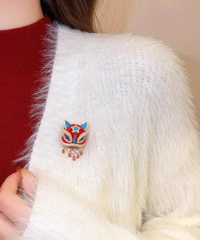 New Year Red Copper Alloy Zircon Lion Dance Tassel Brooches - Image 4