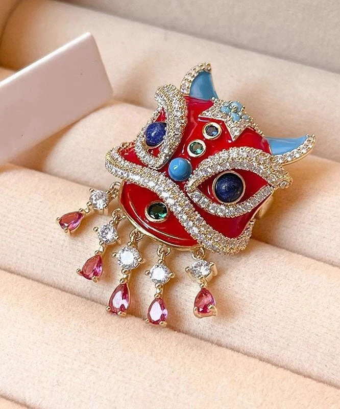 New Year Red Copper Alloy Zircon Lion Dance Tassel Brooches - Image 5