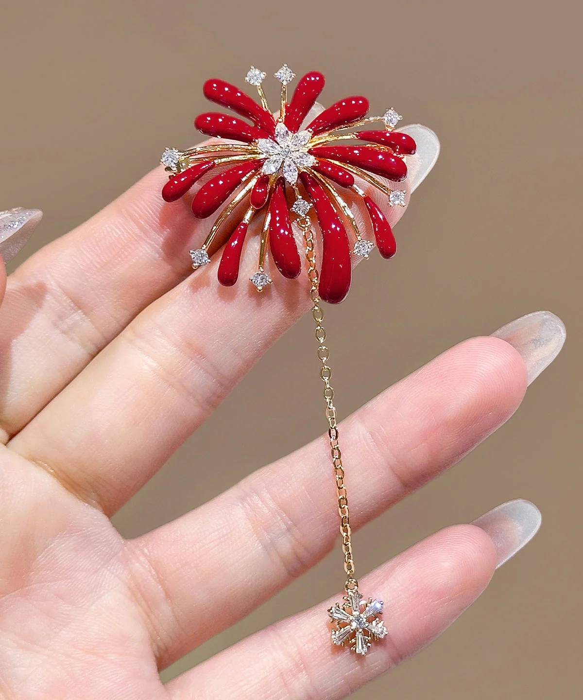 New Year Red Copper Overgild Zircon Fireworks Tassel Hairpin - Image 3
