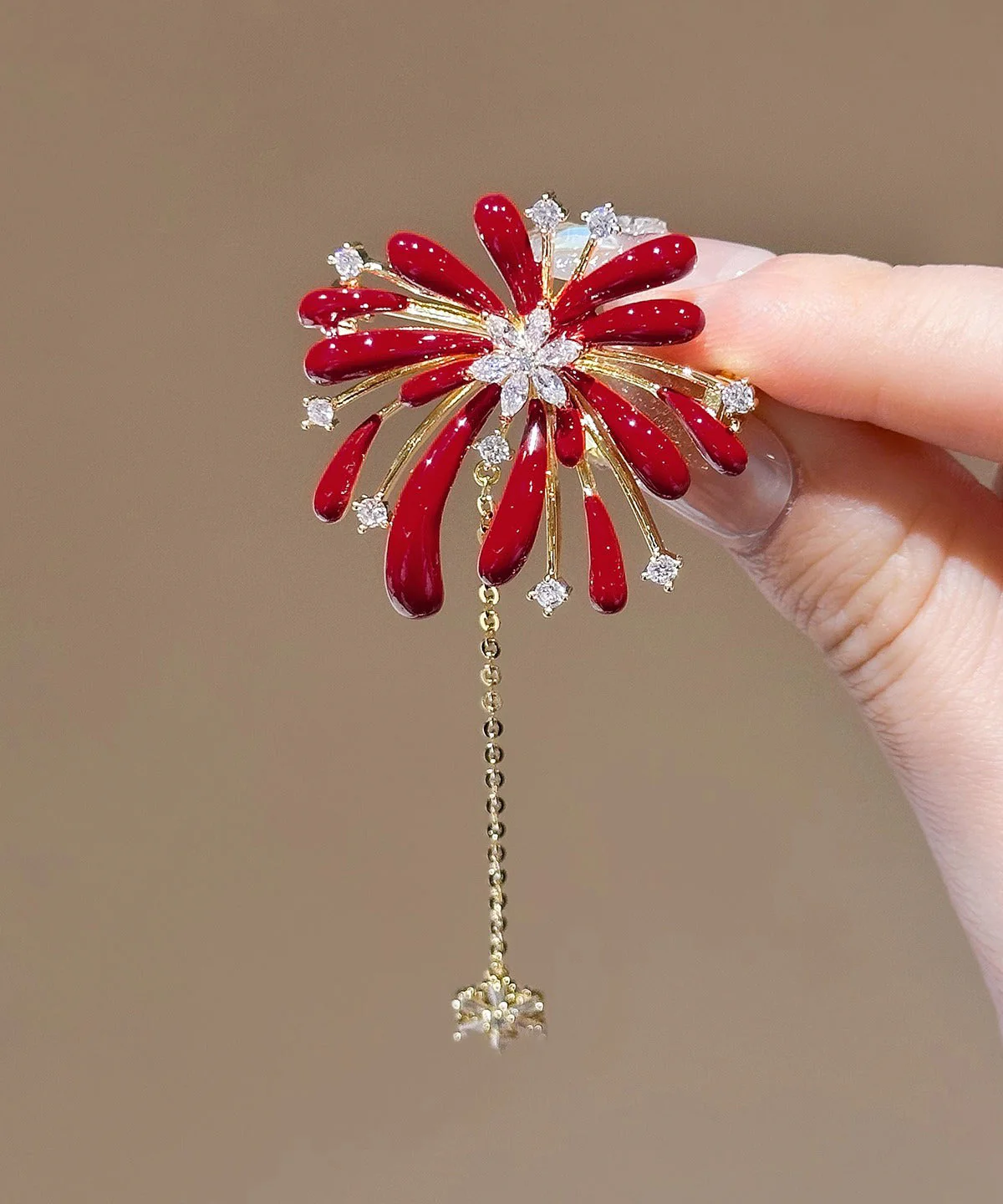 New Year Red Copper Overgild Zircon Fireworks Tassel Hairpin - Image 4